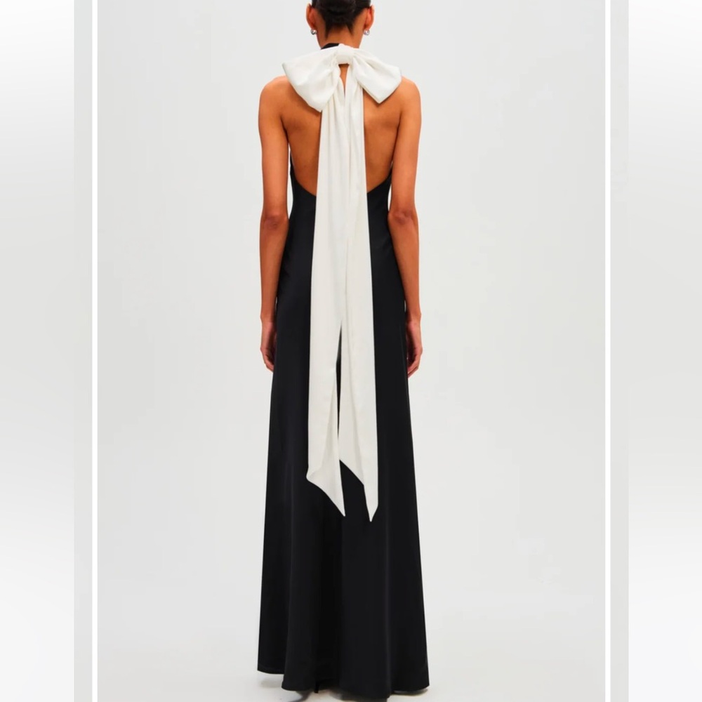 Misha Evianna Satin Black Gown with White Bow